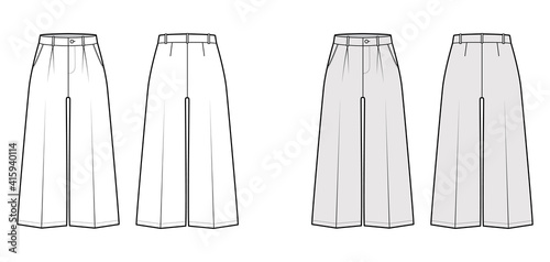 Pants capri technical fashion illustration with low waist, rise, single pleat, mid-calf length, wide legs, seam pockets. Flat apparel template back, white, grey color. Women, men, unisex CAD mockup