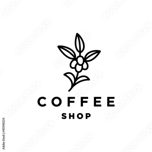 minimal coffee bean with plant branch hipster logo vector with leaf simple line outline icon for cafe or coffee shop business