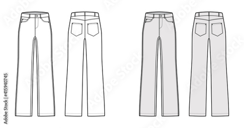 Straight Jeans Denim pants technical fashion illustration with full length, low waist, rise, 5 pockets, belt loops. Flat apparel bottom template front, back, white, grey color style. Women CAD mockup