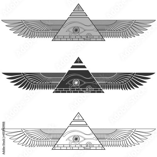 Silhouette illustration Winged pyramid with eye of horus, ancient egyptian pyramid with wings, balco and black, grayscale