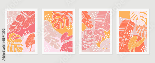 summer tropical wall arts vector. Palm leaves, monstera leaf, Botanical background design for wall framed prints, canvas prints, poster, home decor, cover, wallpaper.