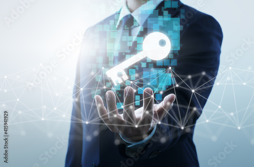 Business person offering digital key. Network structure and key icon.