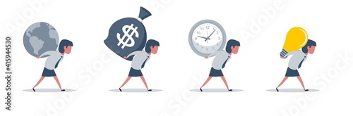 Portrait of a handsome young woman carrying a big clock, a full of money sack, the planet earth, a idea light bulb, against a grey. Set of Vector flat illustration
