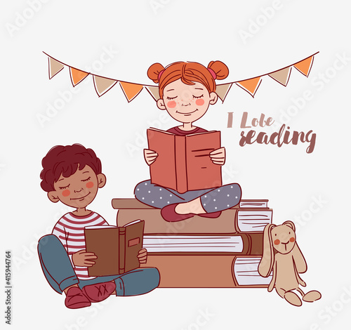 Cute kids reading books. Back to school vector concept 