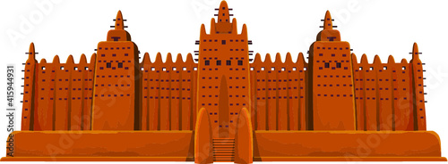 African Architecture. The mosque from clay. The color drawing isolated on a white background. Vector illustration.