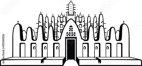 African Architecture. The mosque from clay.  Monochrome drawing isolated on a white background. Vector illustration.