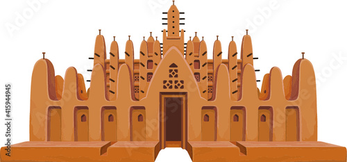 African Architecture. The mosque from clay. The color drawing isolated on a white background. Vector illustration.