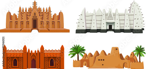 Set of buildings African architecture. House, mosque, ancient dwelling. Color drawing isolated on a white background. Vector illustration.