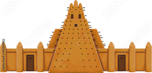 African architecture. The ancient building from clay. Temple, mosque, tower. Color drawing. Vector illustration  isolated on a white background. photo