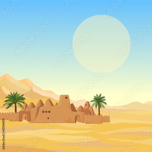 Decorative landscape - desert  mountains  African ancient mosque from clay. Background  template  card. Place for text. Vector illustration. 