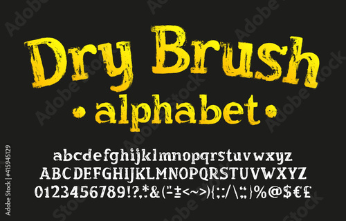 Dry Brush alphabet font. Hand drawn uppercase and lowercase letters, numbers and symbols. Stock vector typescript for your design.
