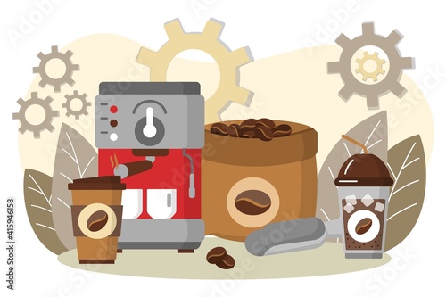 Coffee making equipment, coffee machine and cups. Espresso making machine and takeaway cups. Energetic tasty beverage concept. Coffeeshop, cafe, restaurant design flat vector illustration