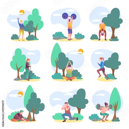 People performing sport activities outdoors set. Young man and woman exercising with sports equipment, doing yoga, jogging, nordic walking. Active healthy lifestyle concept flat vector illustration