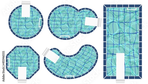 Set of swimming pools of different shapes. Top view of pools with blue water. Hotel, house, spa resort design flat vector illustration isolated on white background