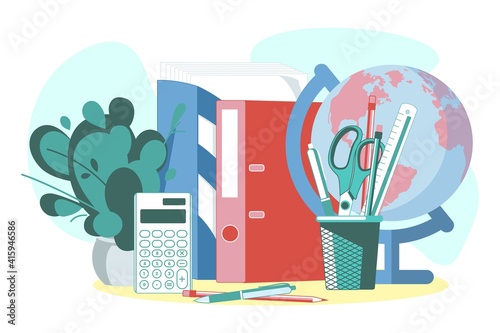 Desk folders and stationery objects. School or office supplies and tools. Workplace with analytics papers and stationary, education concept cartoon vector illustration