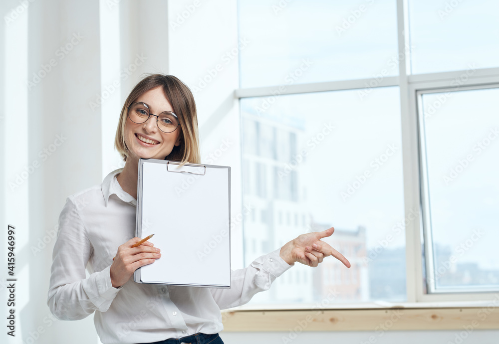 room woman business documents interior window model room woman business documents interior window model