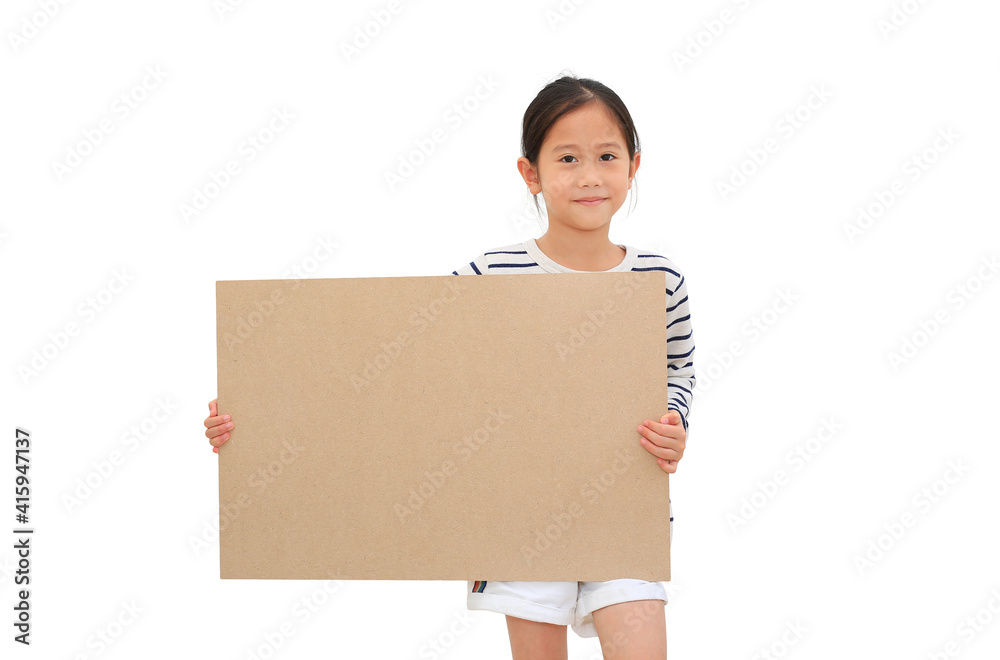 Asian little girl holding empty brown big board for media banner isolated on white background with copy space Asian little girl holding empty brown big board for media banner isolated on white background with copy space