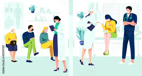 Patients waiting in queue in clinic hall. Patients visiting doctors for medical check up and treatment. Hospital service, medical support, healthcare and medicine concept cartoon vector illustration