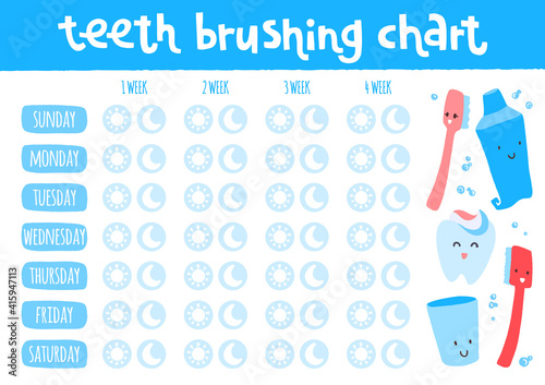 Teeth brushing chart. Incentive sheet, child dental poster.