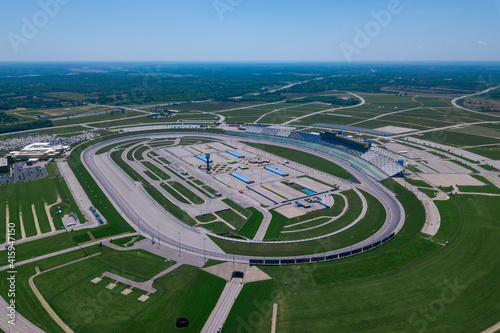 Aerial drone photo of an oval auto speedway for racing.