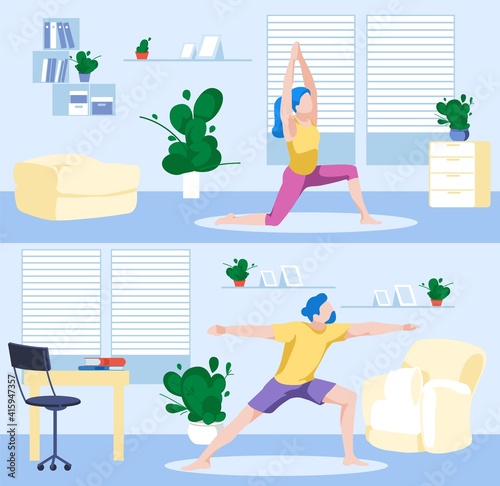 People practicing yoga at home set. Man and woman stretching and meditating in yoga postures. Healthy lifestyle, morning fitness activities, workout. Stay at home concept flat vector illustration