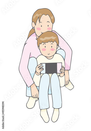 ゲームをする子と後ろから見守る母の仲良しイラスト
