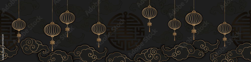 Seamless horizontal vector pattern with gold clouds and lanterns isolated on black background. Traditional asian decoration for banner, card, poster, brochure, calendar, flyer - obrazy, fototapety, plakaty 