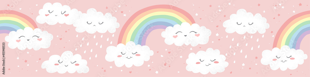 Seamless horizontal vector pattern with hand drawn cute cartoon rainbows, clouds and stars isolated on pink background. Design for print, fabric , wallpaper, card, baby shower