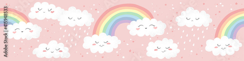 Seamless horizontal vector pattern with hand drawn cute cartoon rainbows, clouds and stars isolated on pink background. Design for print, fabric , wallpaper, card, baby shower