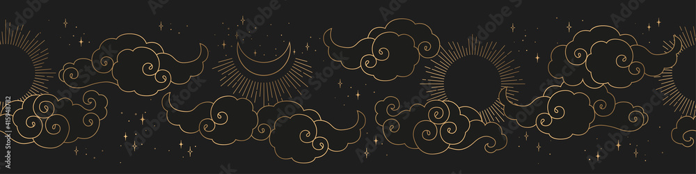 Vintage vector horizontal seamless pattern with gold abstract sun, moon, stars and clouds isolated on black background. Mystical Illustration for print, fabric, brochure, card, wallpaper