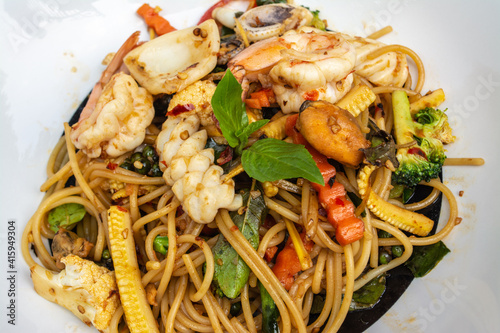 Spaghetti Seafood is an Italian food that is decorated within plate beautifully and It is a popular food.