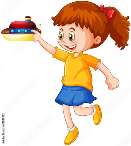 A girl holding a ship toy cartoon character isolated on white background