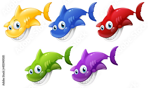 Set of many smiling cute shark cartoon character isolated on white background