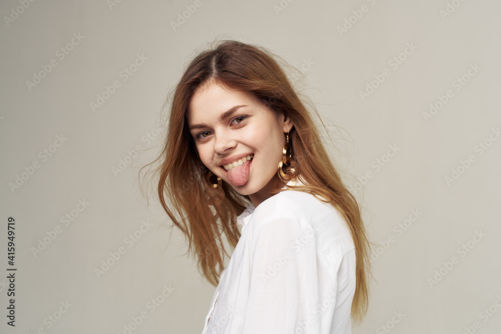 Cheerful woman attractive look emotions shirt studio elegant style Cheerful woman attractive look emotions shirt studio elegant style