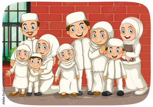 Scene with muslim family cartoon character