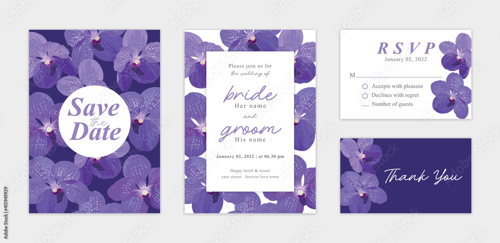 Beautiful orchid flower background template. Vector set of floral element for wedding invitations, greeting card, envelope, voucher, brochures and banners design.