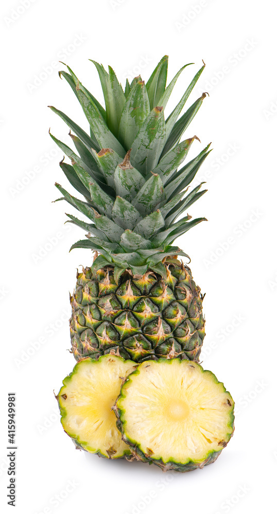 Whole pineapple and pineapple slice on white background Whole pineapple and pineapple slice on white background