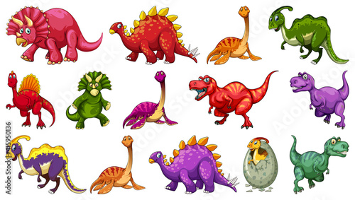 Set of different dinosaur cartoon character isolated on white background