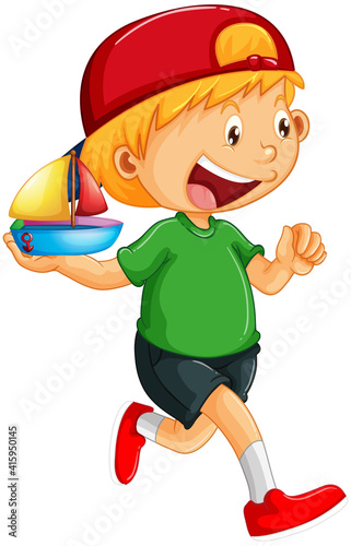 A boy holding a ship toy cartoon character isolated on white background