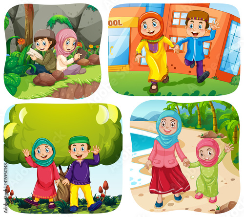Set of muslim people cartoon character in different scene