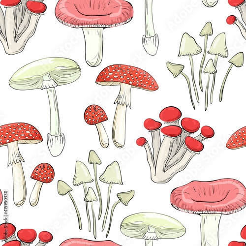 Beautiful cartoon mushrooms. Seamless pattern. Print for backgrounds, printing on fabric, paper, wallpaper, packaging.