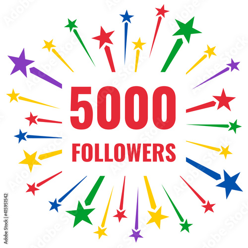thank you 5k followers, social network 5000 subscribers greetings card, congratulation post or banner, colorful firework with stars