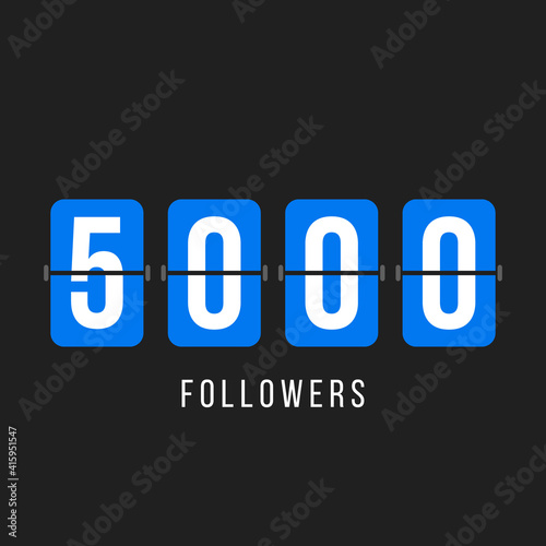 thank you 5k followers, social network 5000 subscribers greetings card, congratulation post or banner, blue flip boar over black background