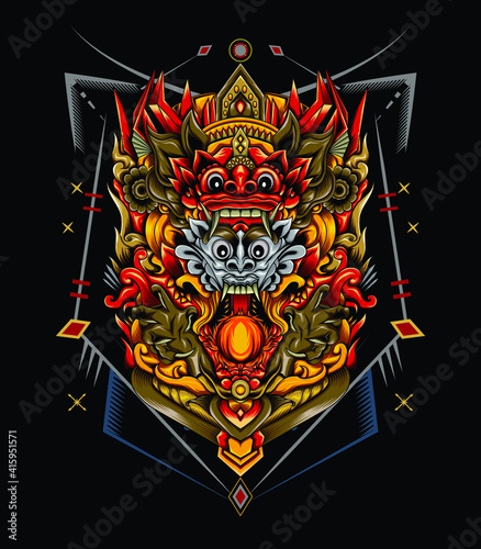 Barong head glowing red color with sacred geometric background (Balinese culture)