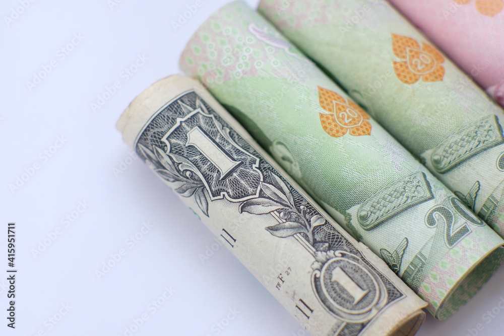 Money banknote on white background, business or finance saving money and business growth concept Money banknote on white background, business or finance saving money and business growth concept