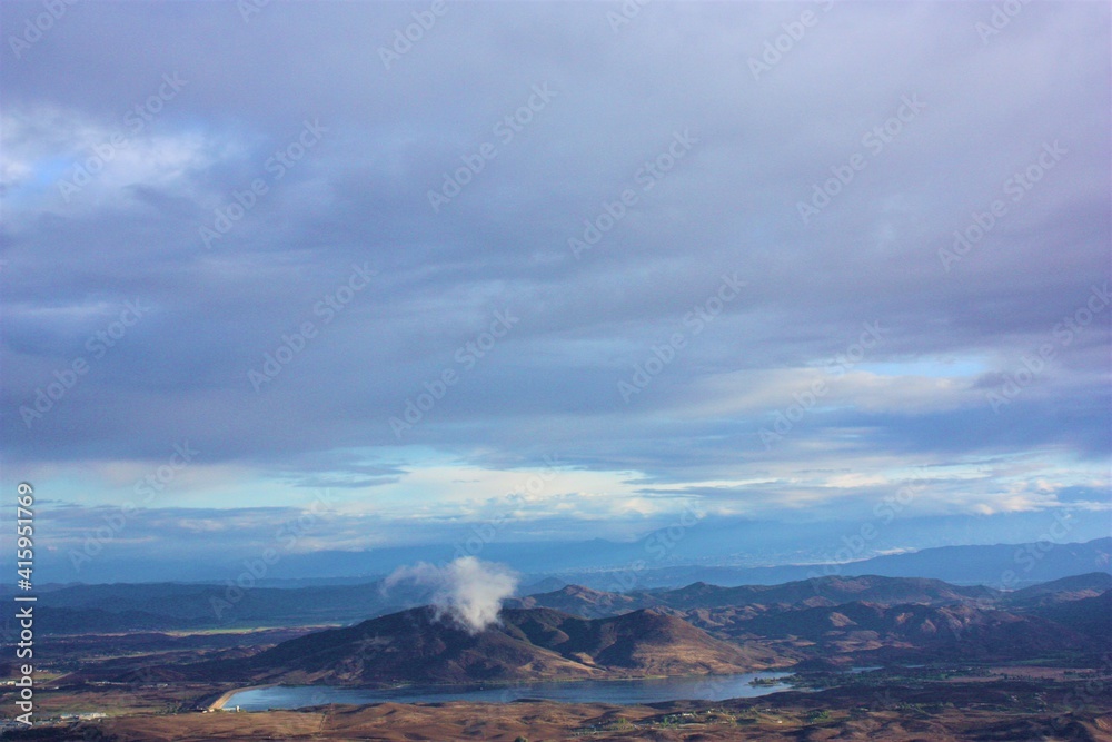 Aerial drone view of rural area, mountain and lake view. Temecula, California, USA