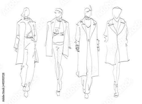 Beautiful young women in modern style.. Hand drawn stylish woman portrait. Fashion lady. Autumn outfit. Sketch set. Fashion model posing in coat. Hand drawn fashion woman.