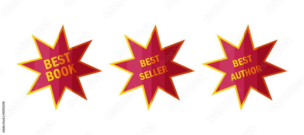 Best seller stickers and badges. Star labels for top book sellers in cartoon style. Vector illustration isolated on white background Best seller stickers and badges. Star labels for top book sellers in cartoon style. Vector illustration isolated on white background