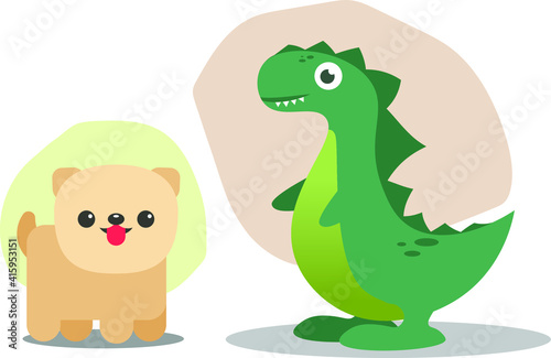Illustration of cute face of Dinosaur and dog.