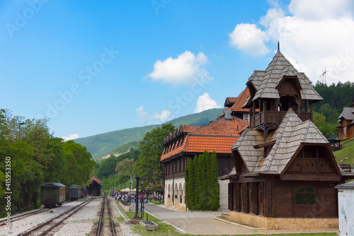 Wood cabin structure at Sargan Eight train station  a narrow-gauge heritage railway  Mokra Gora  Serbia